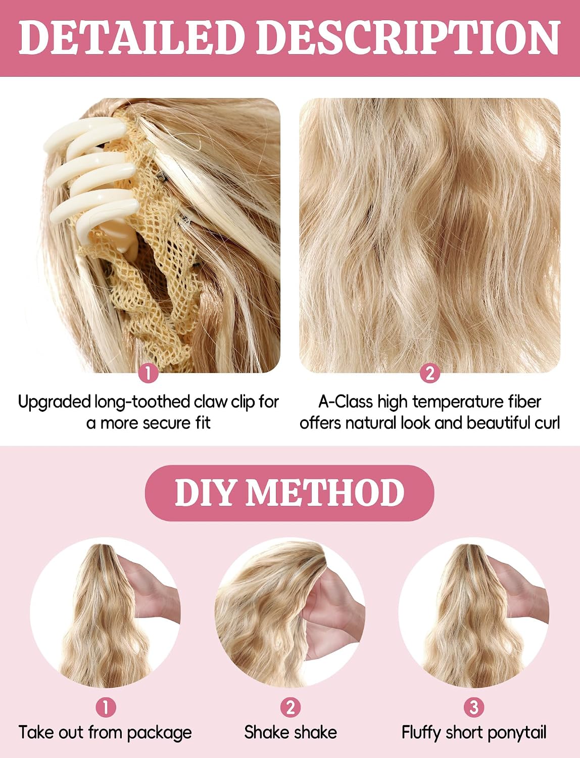 Curly Wavy Ponytail Hairpiece - 13-Inch Synthetic Claw Clip Extension | Honey Blonde