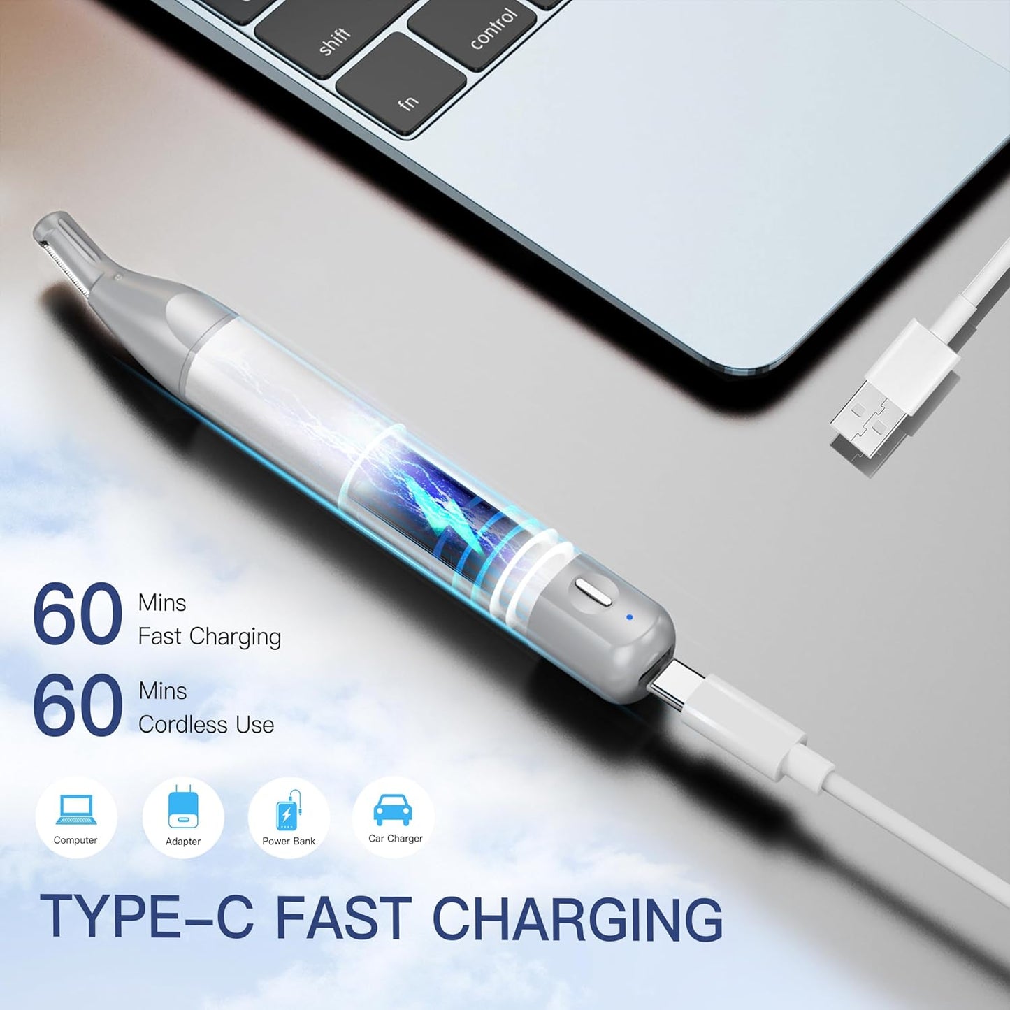Nose Hair Trimmer for Men & Women - 2-in-1 Facial Hair Removal, Rechargeable & Waterproof | Portable Metal Design (Silver)