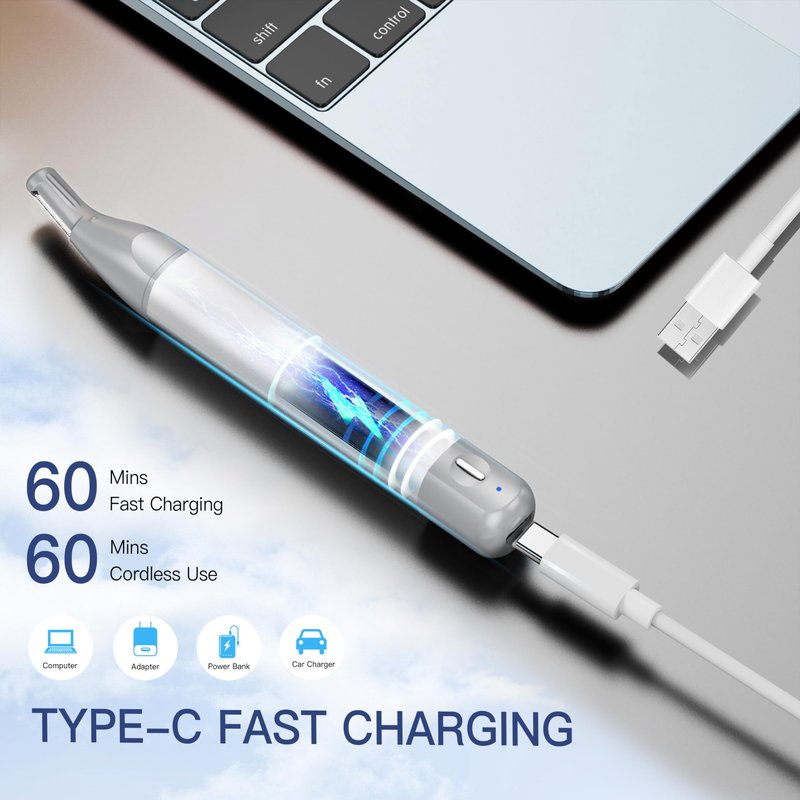 HEBECA Nose Hair Trimmer for Men Women 2in1 Facial Hair Removal Trimmer - Metal Body, Rechargeable, Waterproof, Portable - Nose, Ear, Eyebrow, Peach-Fuzz, Lips, Chin (Silver)