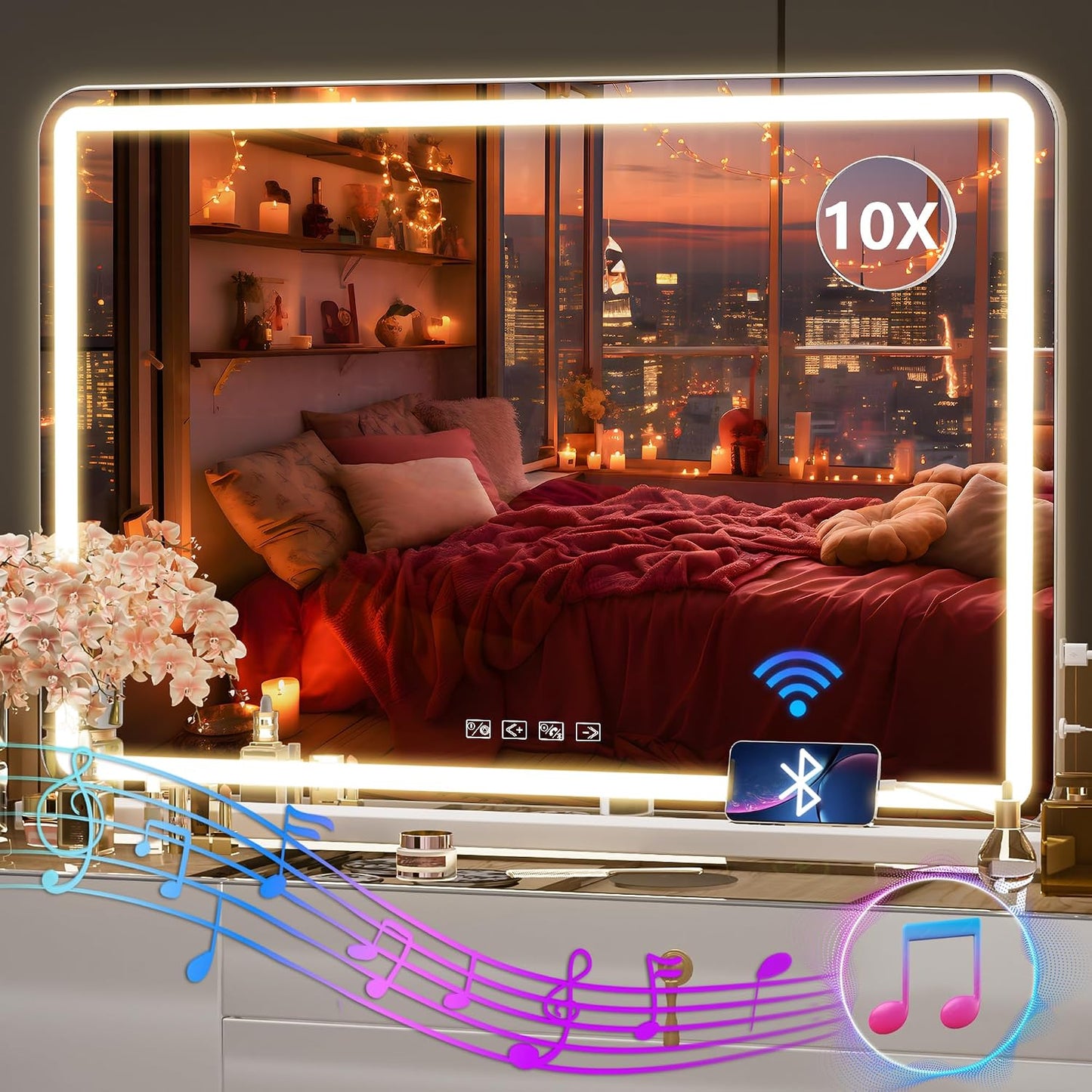 LED Makeup Mirror with Lights - 31.5" x 22" Dimmable Touch Screen Vanity Mirror | Round Black Design