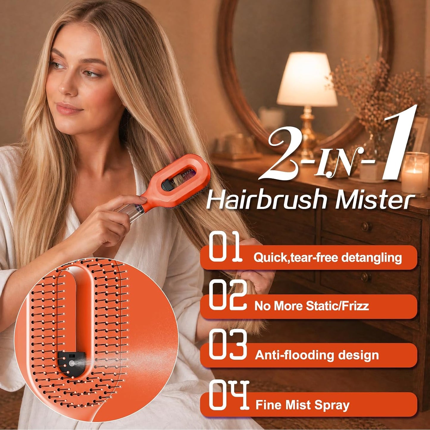 Detangling Hair Brush with Water Spray - Portable Fine Mist Tool for Curly Thick Hair | Lightweight Wet & Dry Styling, Orange