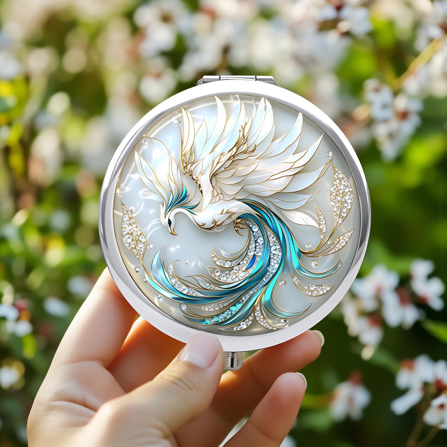 Silver Compact Mirror, 2.8x2.8inch Double-Sided Folding Makeup Mirror with White Phoenix Design, Ideal Gift for Women