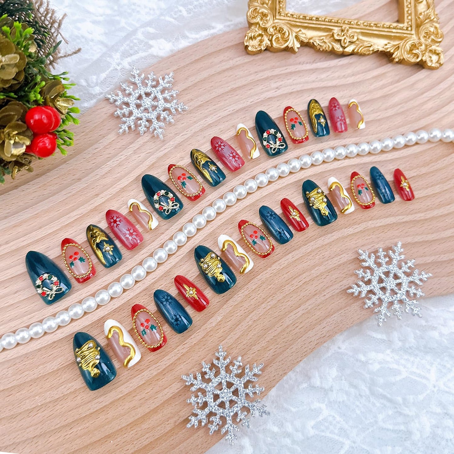 Christmas Press-On Nails - Medium Almond Acrylic Tips with Tree Wreath, Gold Beads & Rhinestones | Winter Holiday Design
