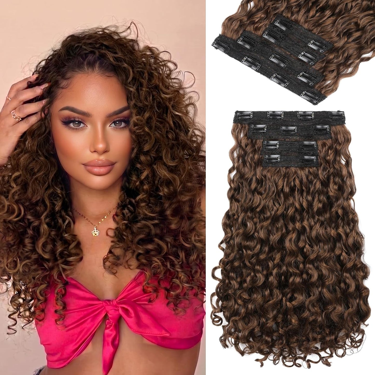 Curly Hair Extensions - 4PCS 18" GoGo Curly Clip-Ins | 100% Protein Hairpieces, Honey Blonde Highlights