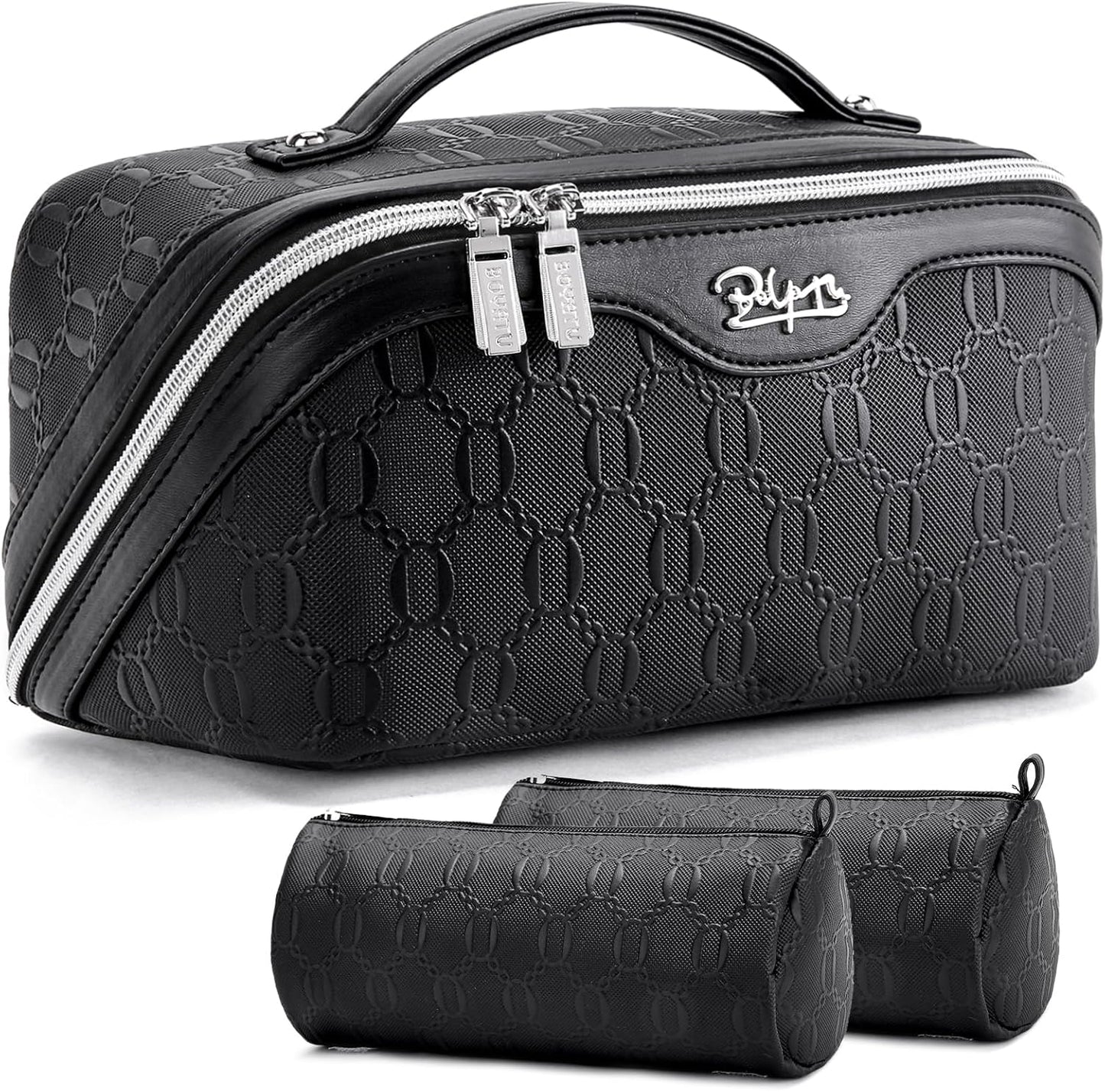 Travel Makeup Bag Set - Large Vegan Leather Cosmetic Organizer with Handle | 3 Pcs Portable Toiletry Bags in Coffee