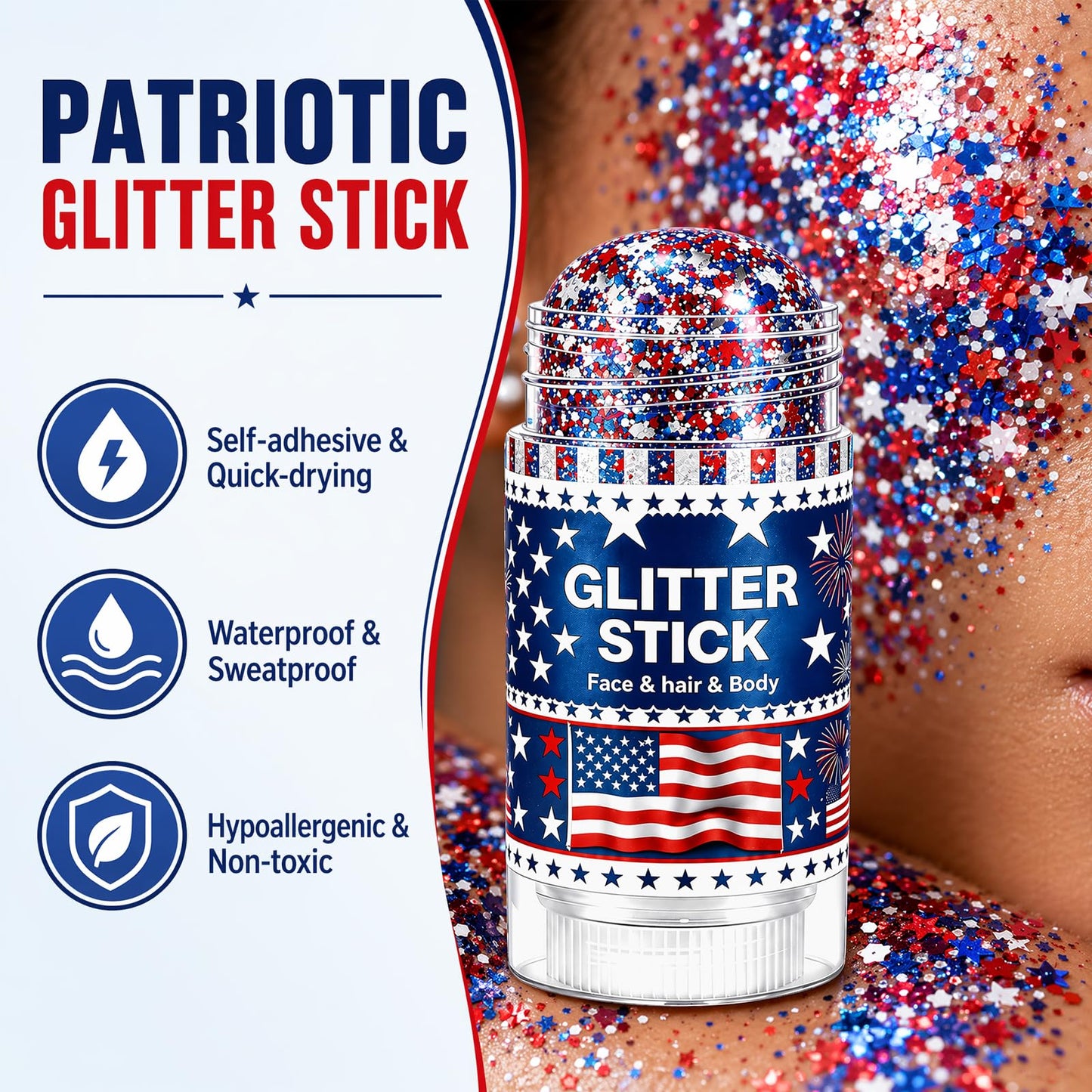 4th of July Glitter Stick for Hair, Face & Body, Red White Blue Glitter with Star Sequins, Patriotic Makeup for Women, America 250 Celebration Accessories, Independence Day Party Supplies