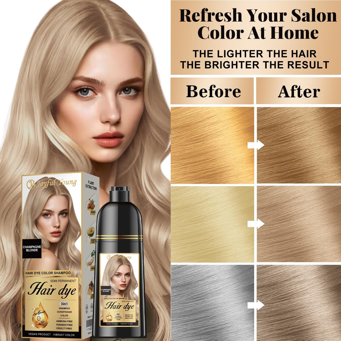 Natural Hair Dye Shampoo & Conditioner Bundle - 3-in-1 Gray Coverage & Deep Moisture | Vegan, Sulfate-Free, 2x400ml (Champagne Blonde)
