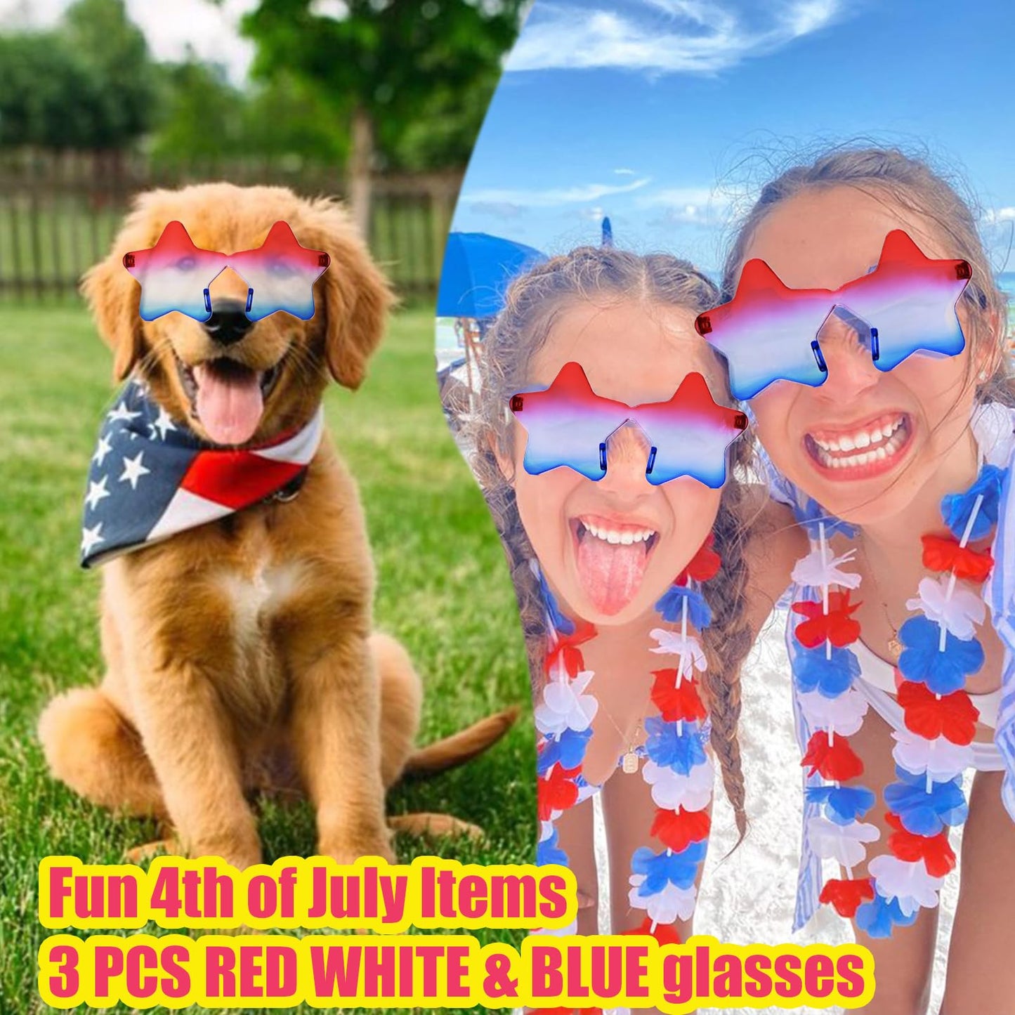 AmoraKiva 3pc 4th of July Star Glasses, USA Red White Blue Party Outfit