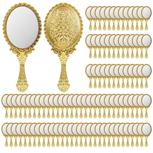 Faelhacon 100 Pack Vintage Handheld Mirrors for Makeup, Gold Embossed Floral Portable Princess Mirror, Antique Make Up Mirrors Bulk Set for Women Girls Party Favors Salon Travel Decoration