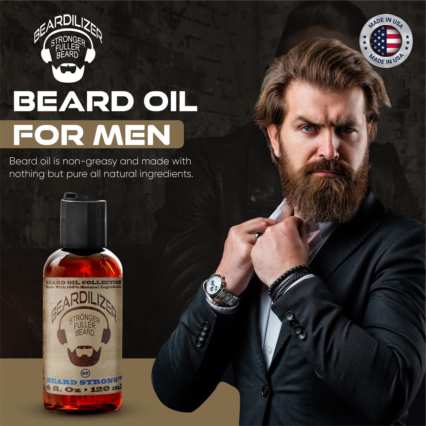 Beardilizer Dirty South Bacon Beard Oil for Men - 100% Natural Growth Oil & Conditioner with Argan, Jojoba & Vitamin E – Softening, Moisturizing for Soft, Healthy Beard – 4 Oz