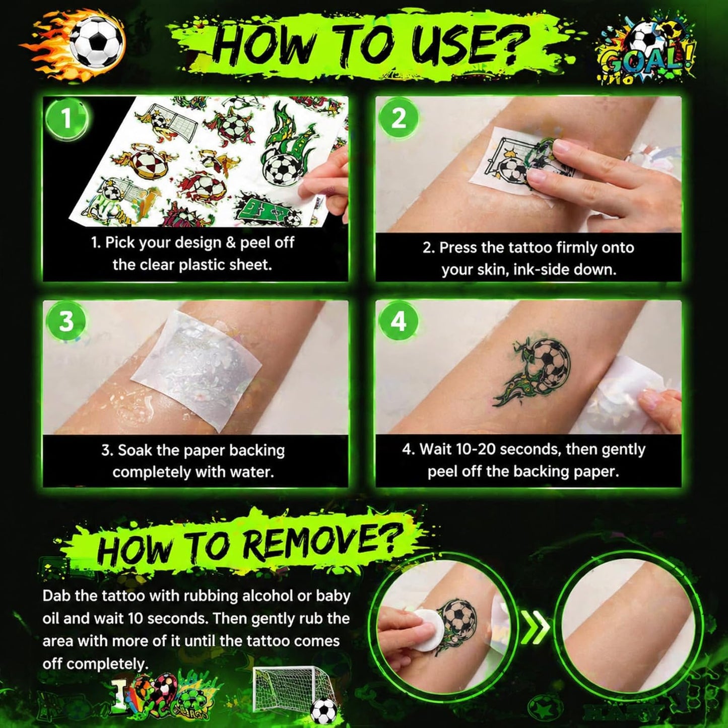 Glow In The Dark Soccer Temporary Tattoos - Fun Party Favors for Kids | Stickers for Boys & Girls