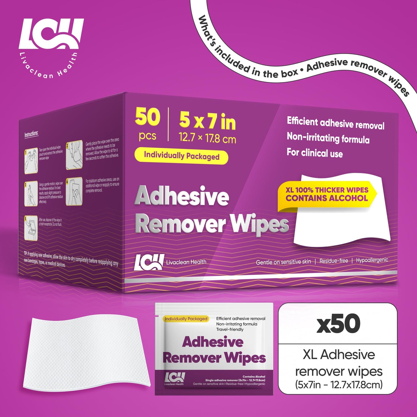 50 CT Large Adhesive Remover Wipes – 5"x7" 60 GSM Thick Medical Adhesive Remover for Skin – Bandage Adhesive Remover - Adhesive Wipes for Tape, Dressings, and Ostomy Residue by Livaclean Health