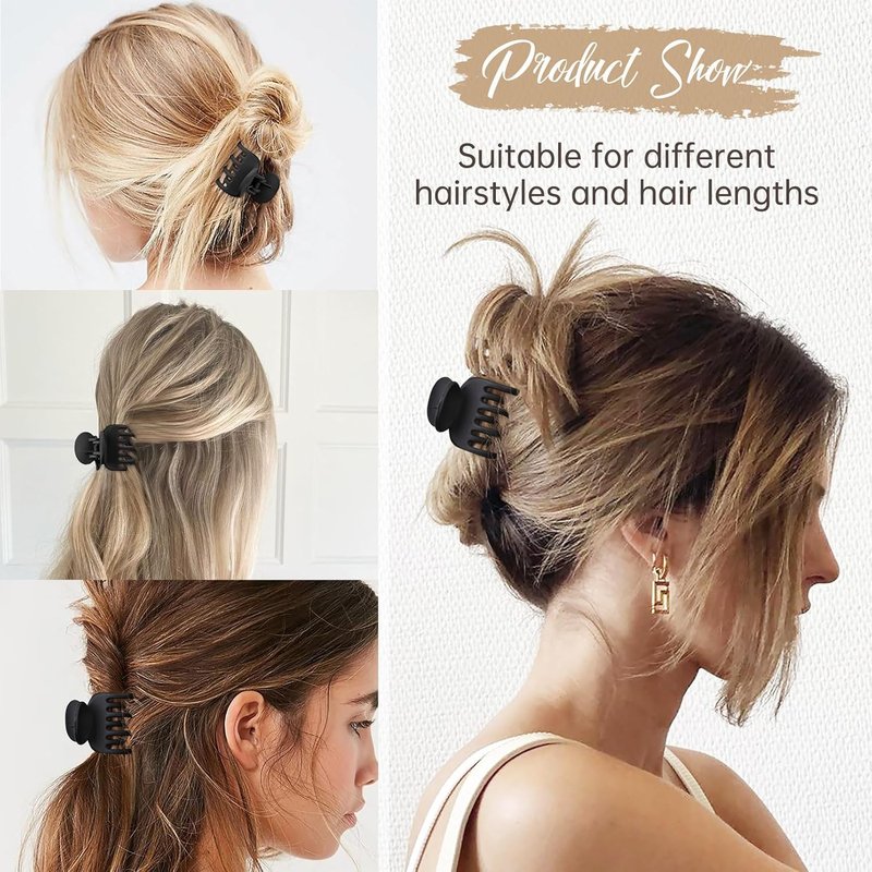 Small Claw Hair Clips for Thin Short Hair - 4 Pack Matte Non-Slip | Black 1.6" Double Row Teeth