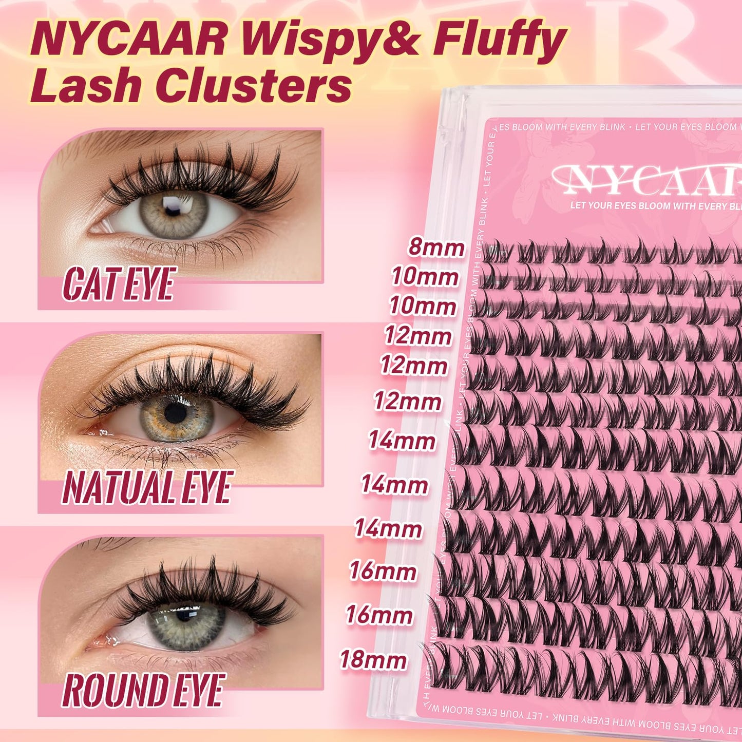 NYCAAR Lash Clusters Natural Look Manga Eyelash Clusters Anime 144pcs D Curl 8-18MIX Spiky Wispy Individual Lashes with Soft Thin Band Lash Extension(NY06,8-18MIX)