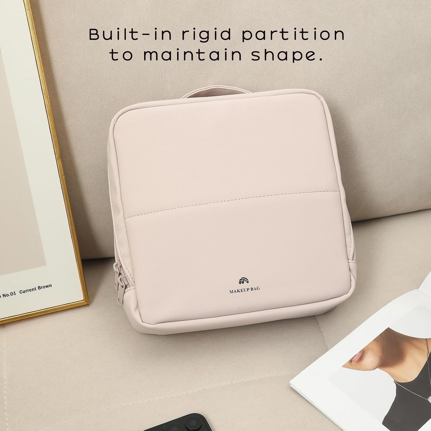 Foldable Magnetic Makeup Bag - Large Capacity PU Leather Cosmetic Organizer with Phone Holder & Detachable Dividers | Light Pink