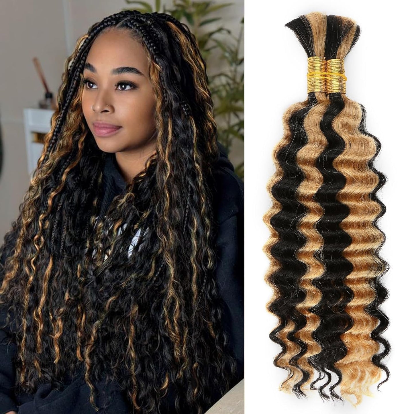 Human Braiding Hair - 14 Inch Ombre Highlight Deep Wave Bulk Extensions | Curly Bundles for Knotless Braids (4/27)