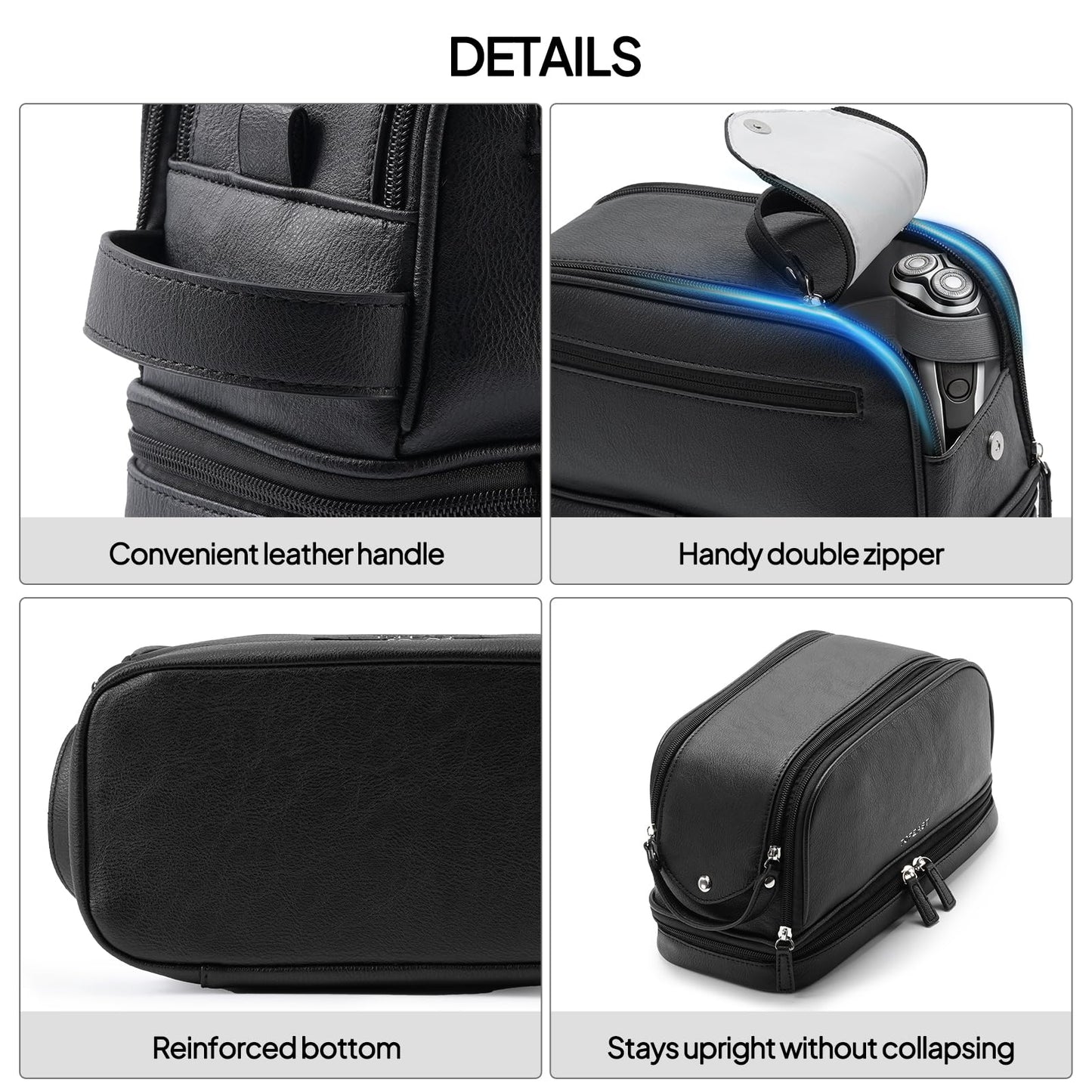 TOPEAST Toiletry Bag for Men, Large PU Leather Dopp Kit with Waterproof Wet Pocket, Double Layer Travel Toiletry Organizer with Brush Compartment, Shaving Bag with Handle, Black