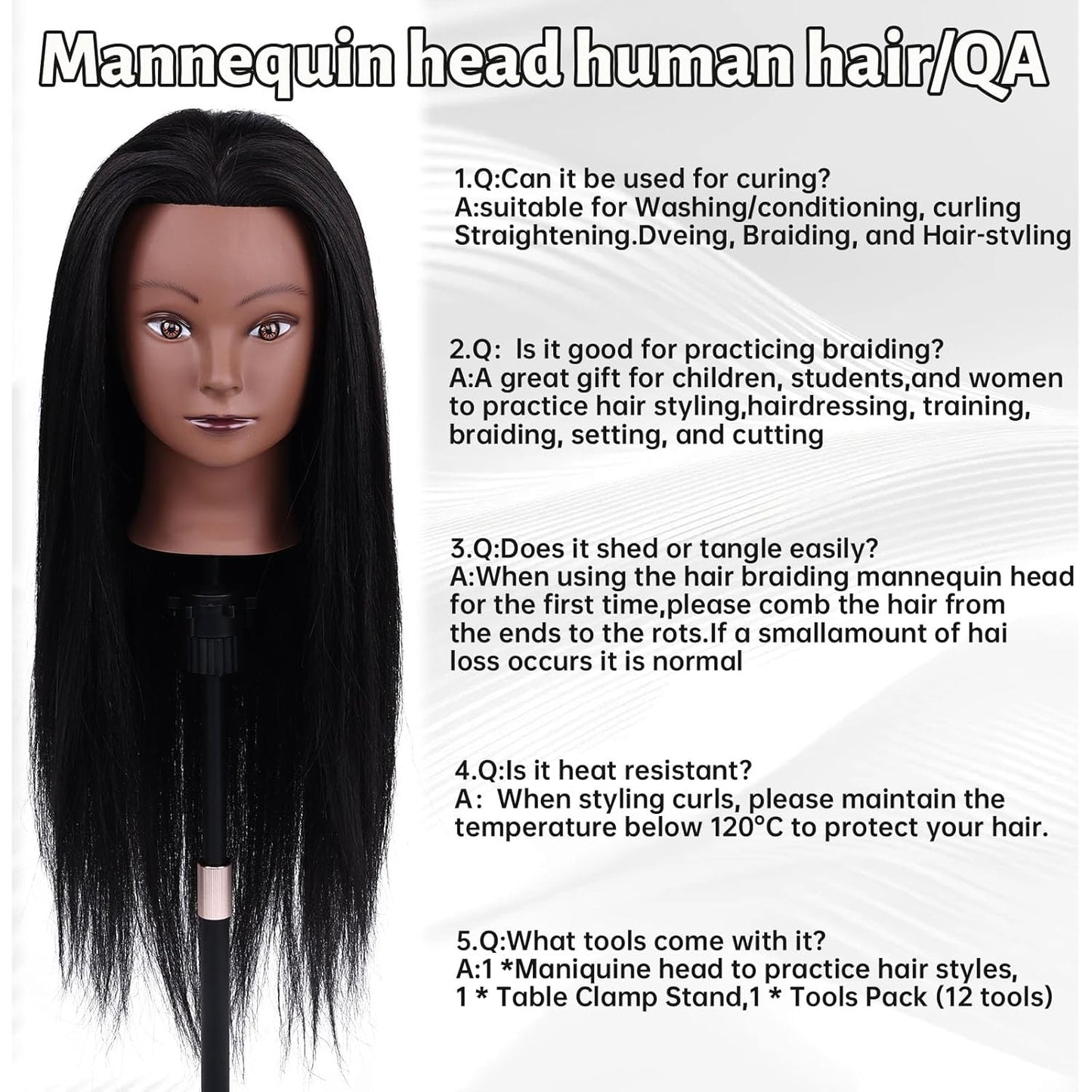 26'' Black Human Hair Mannequin Head for Cosmetology | Styling Doll with Clamp Holder & Tools Set