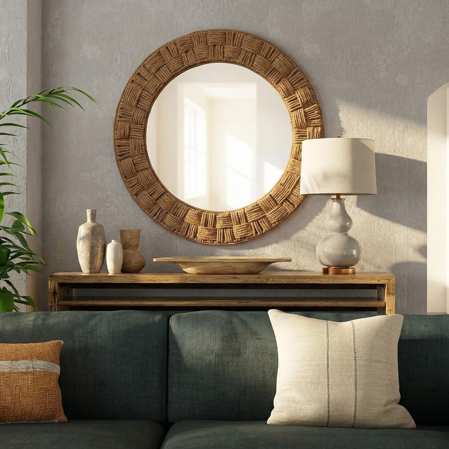 Sabary 30 Inch Rattan Wall Mirror Round Rope Boho Mirror Wicker Chequered Handwoven Natural Rustic Beachy Coastal Decorative for Bathroom, Bedroom, Living Room, Entryway