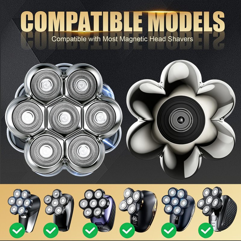 7 Blade Floating Replacement Shaving Head, Washable Shaver Blade Heads Compatible with Freebird, Replacement for Head Shaver, Wet & Dry for Rotary Shavers with 3 Cleaning Brush, Silver（3 Pack）