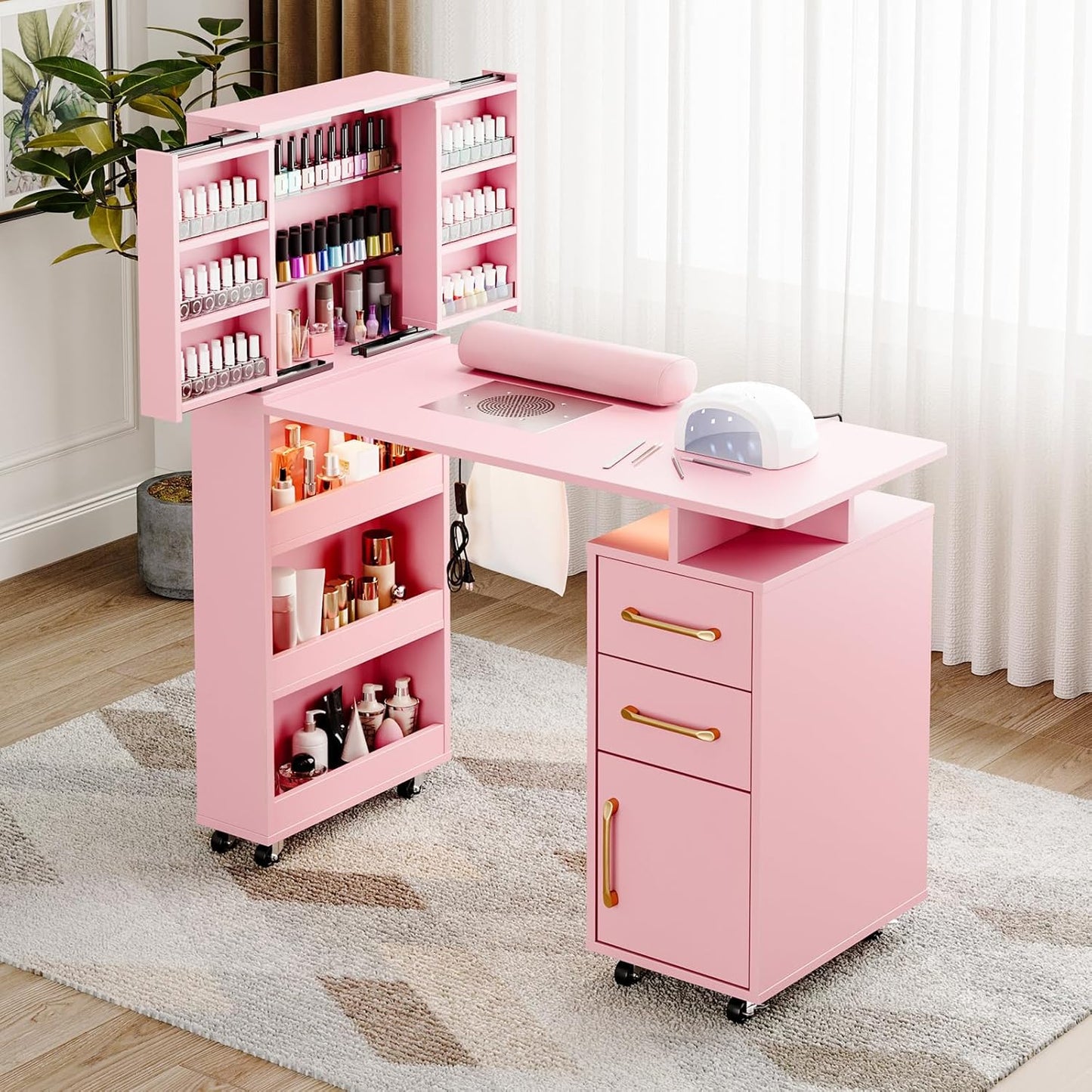 Manicure Table - Nail Desk with LED Light & Dust Collector | Extendable Polish Cabinet, White