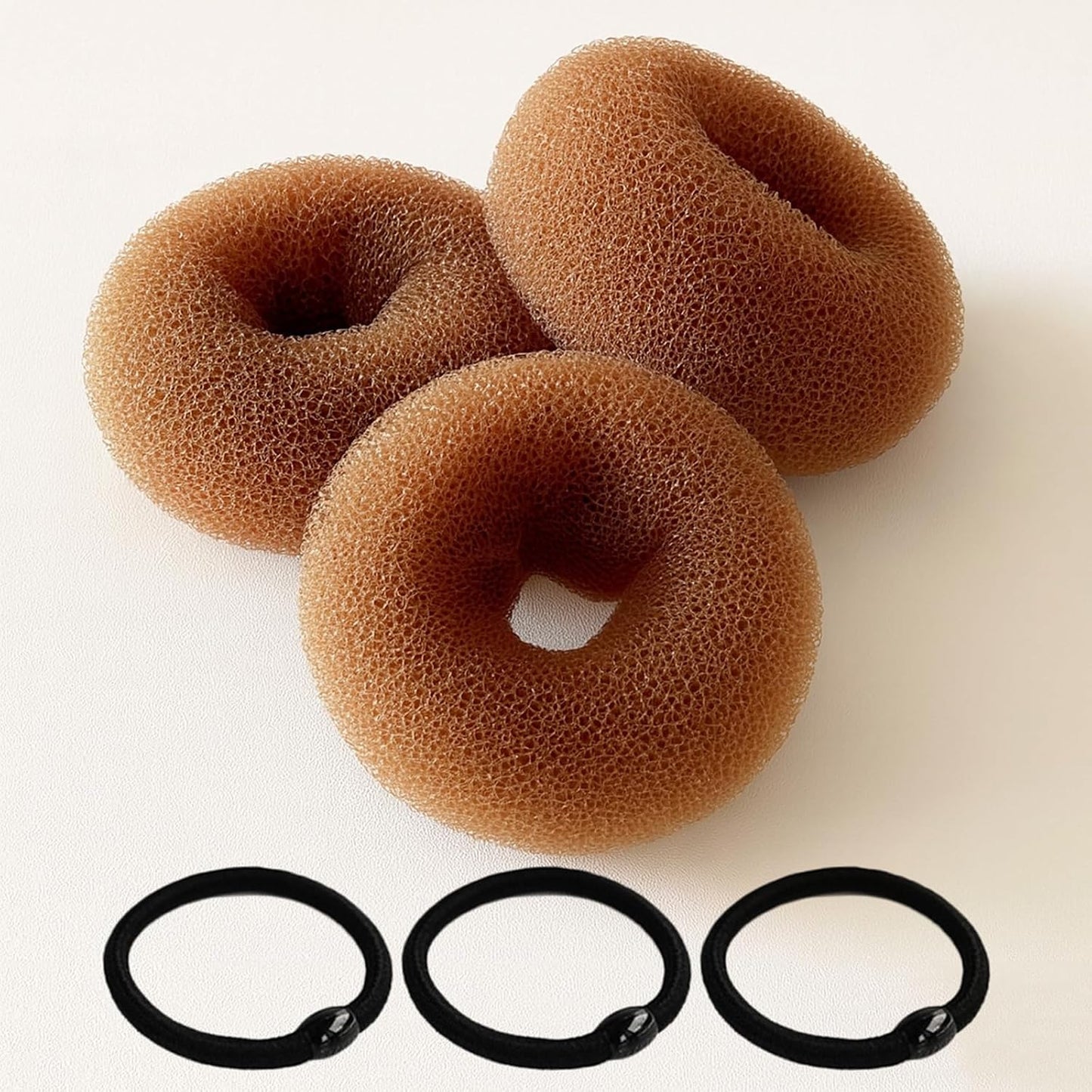 Brown Hair Bun Maker Set - 3 Pcs Hair Donut Tool for Kids & Women | Includes 3 Elastic Bands, Ideal for Short & Thin Hair (3 Inch)