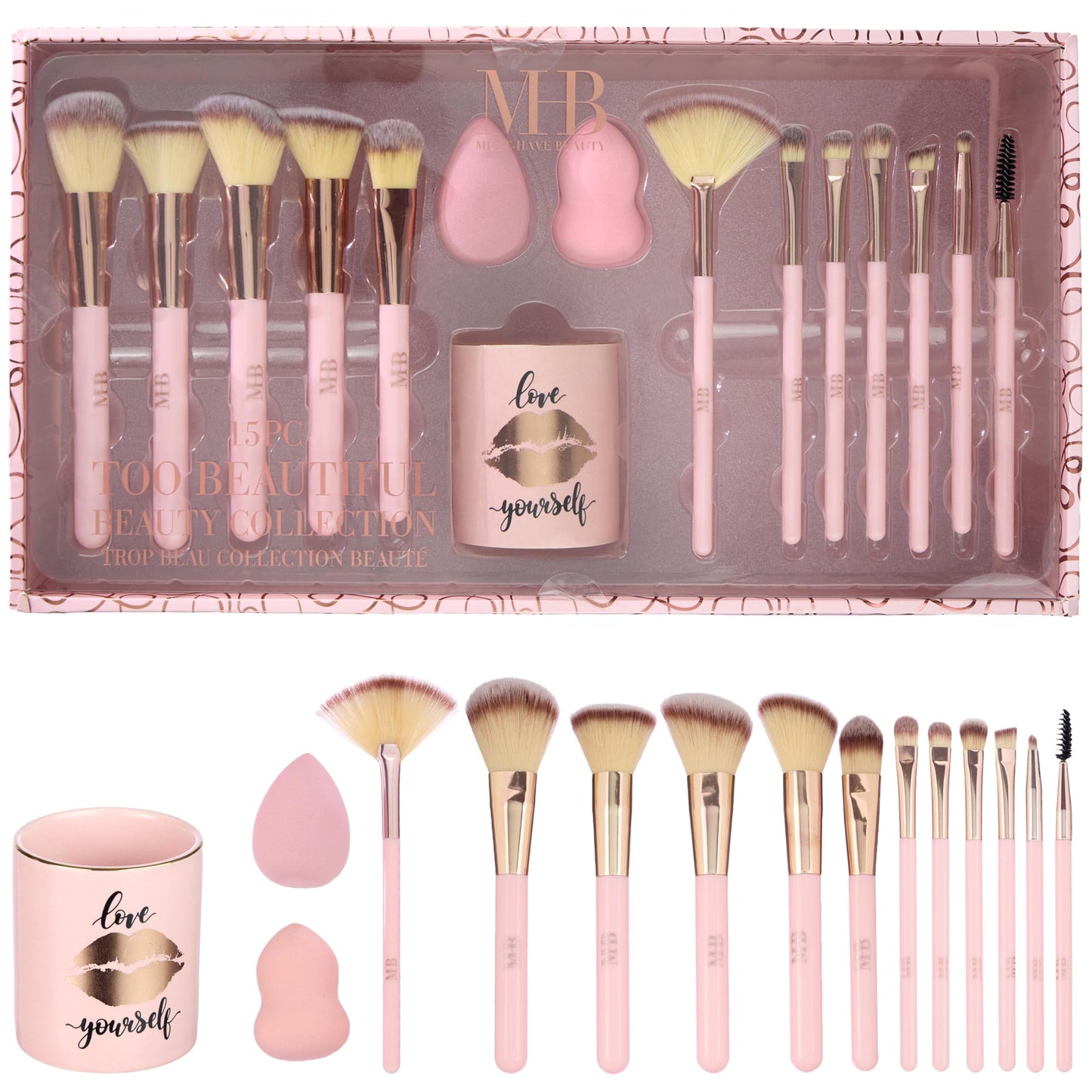 15pc Pro Beauty Brush Set – Makeup Brushes, Beauty Blenders, Spoolie & Storage Tumbler | Professional Cosmetic Tools for Face & Eyes | Complete Glam Makeup Kit for Women & Girls