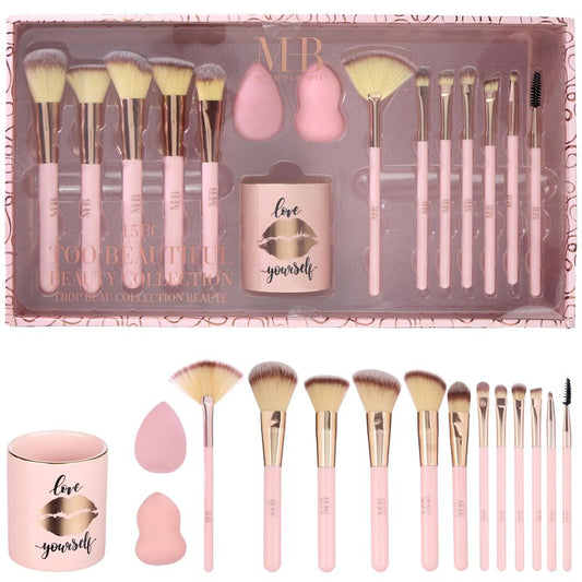 15pc Pro Beauty Brush Set – Makeup Brushes, Beauty Blenders, Spoolie & Storage Tumbler | Professional Cosmetic Tools for Face & Eyes | Complete Glam Makeup Kit for Women & Girls