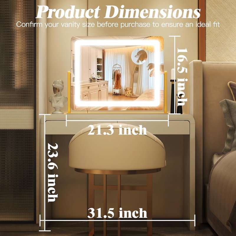 LED Vanity Mirror with Lights - 17" x 22" Lighted Makeup Mirror with 10X Magnification | 3 Color Modes & Dimmable - Gold Finish