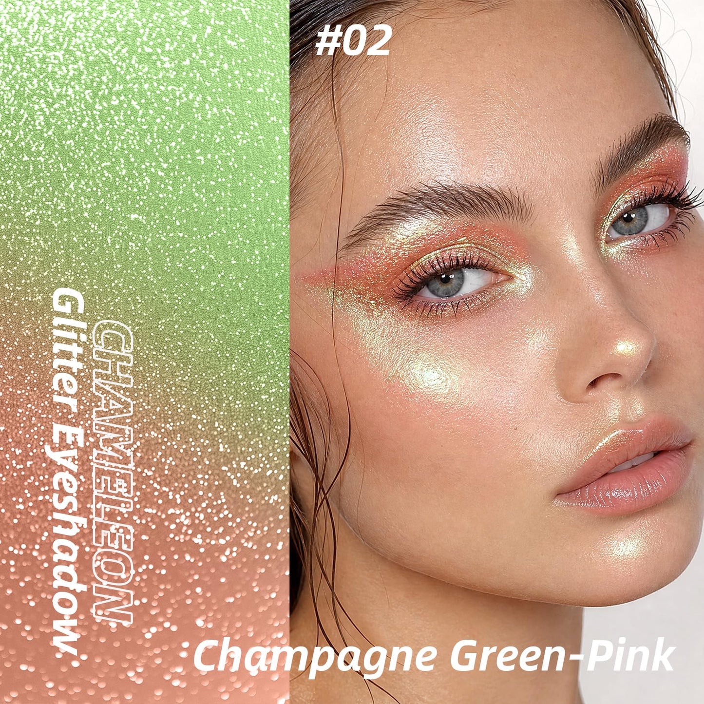 U-Shinein Holographic Duochrome Glitter Eyeshadow Palette, Chameleon Chrome Single Eyeshadow, Champagne to Pink-Green Iridescent Sparkle Eye Brightener Makeup 02 Champagne Green-Pink