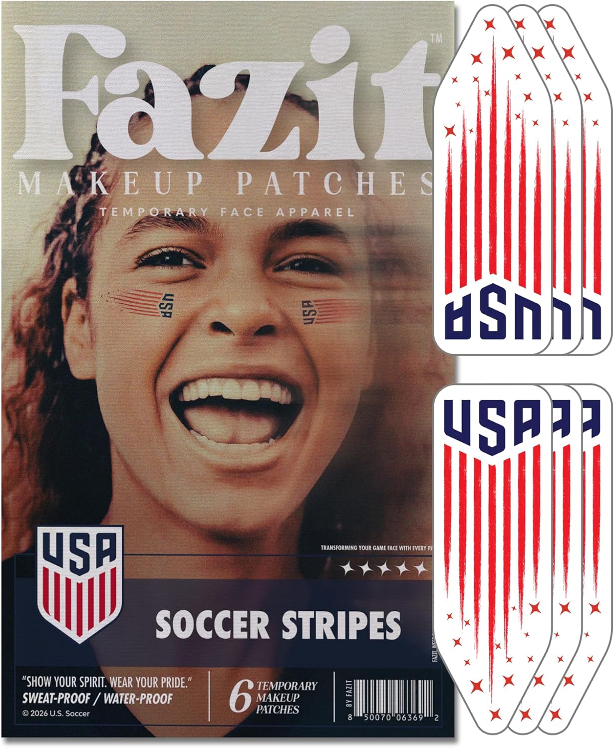 Soccer Face Stickers - Waterproof Glitter Makeup Patches for Game Day Glam | Red, Blue & Silver (6 Pack)