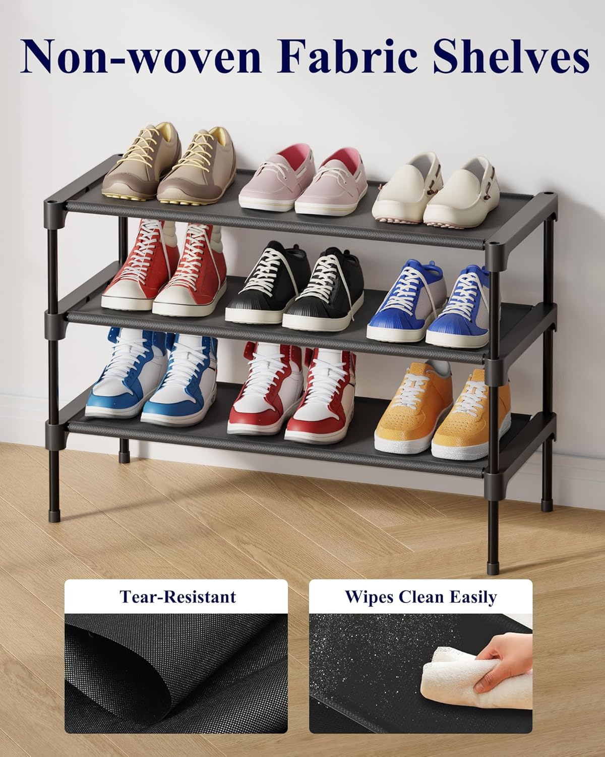 Kitsure Shoe Rack | Non-Woven 3-Tier Shoe Organizer for Closet & Entryway - 27.5" Wide, Black