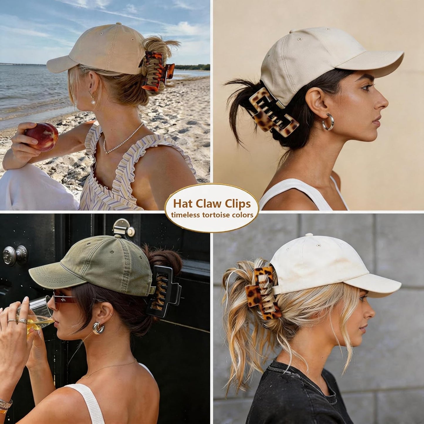 Hat-Friendly Claw Clips - 4 Pack Tortoise Shell Hair Clips for Baseball Caps | Strong Hold for Thick & Thin Hair