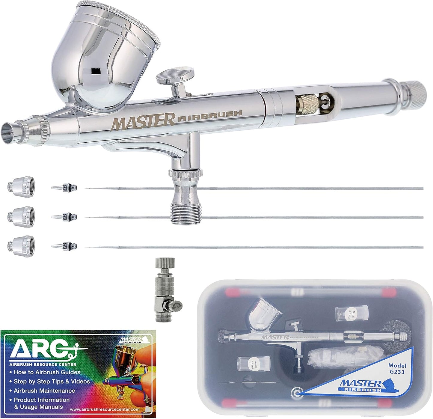 Master Airbrush G233 Pro Airbrush Kit - 3 Nozzle Sets (0.2, 0.3, 0.5mm) for Painting & Body Art