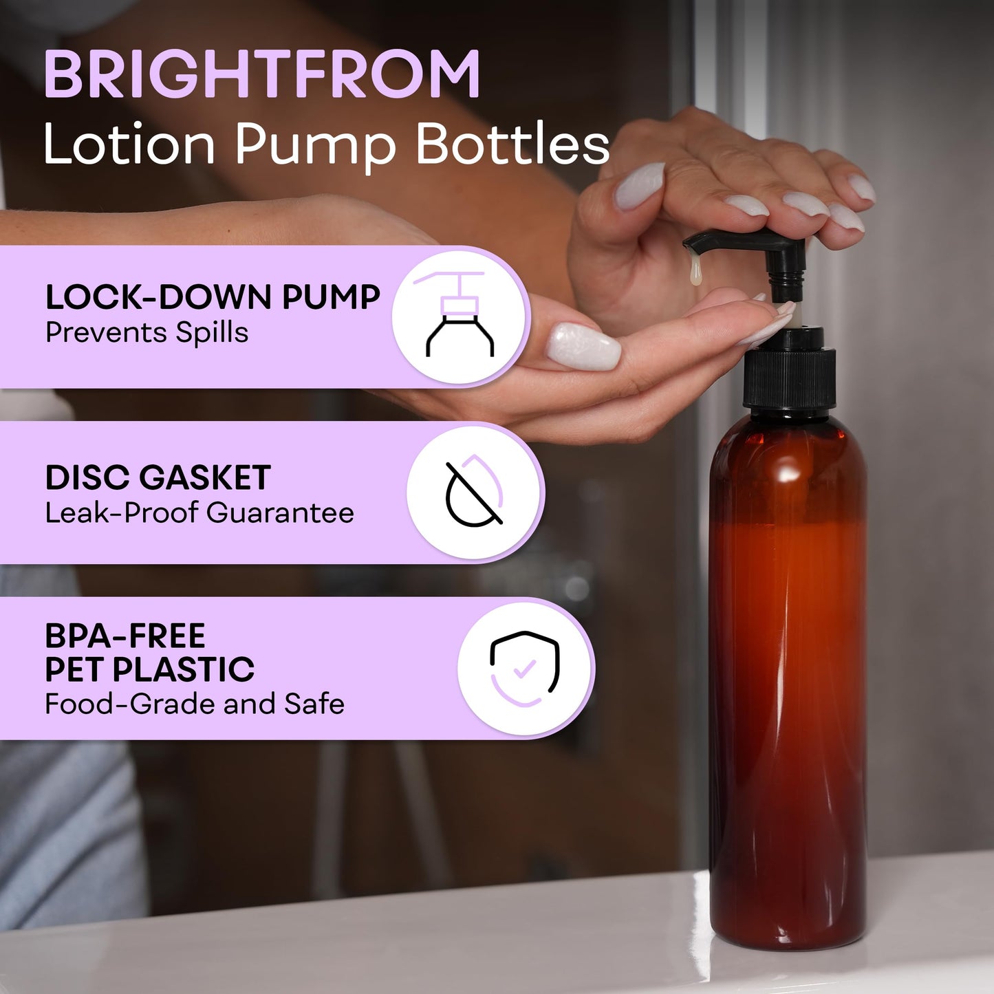BRIGHTFROM Lotion Pump Bottles, Empty 8 OZ, BPA-Free Refillable Plastic Containers, Amber with Black Dispenser for - Soap, Shampoo, Lotions, Liquid Body Soap, Creams and Massage Oil (2 Pack)