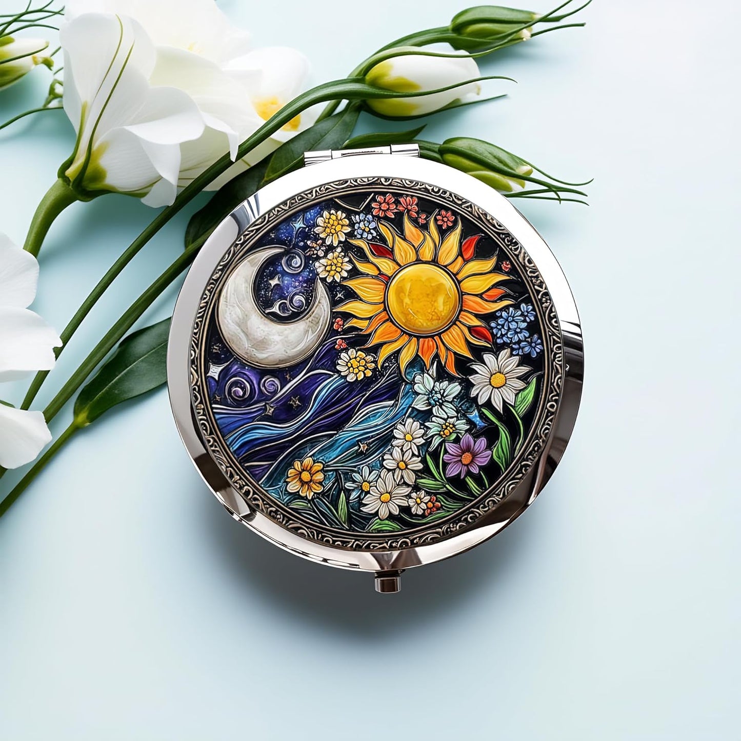 Silver Compact Mirror - Double-Sided Folding Makeup Mirror with Sun Moon Floral Design | 2.8"x2.8" - Perfect Gift for Women