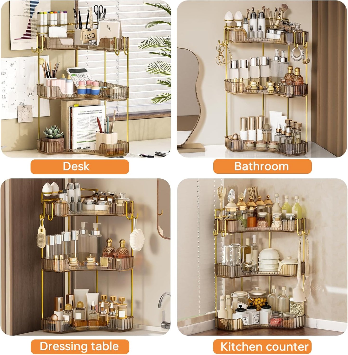 3-Tier Corner Bathroom Organizer - Makeup & Skincare Shelf with Built-in Brush Holder | Space-Saving Amber Design