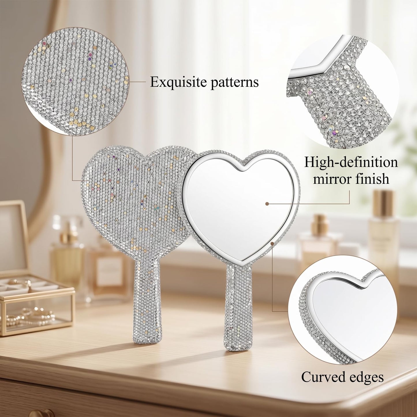 Exircy Large Rhinestone Handheld Mirror Heart Shaped Bling Glitter Cosmetic Hand Mirror with Handle Portable Hand Mirrors Sparkling Cute Hands Mirrors for Wedding Make up Women (Silver)
