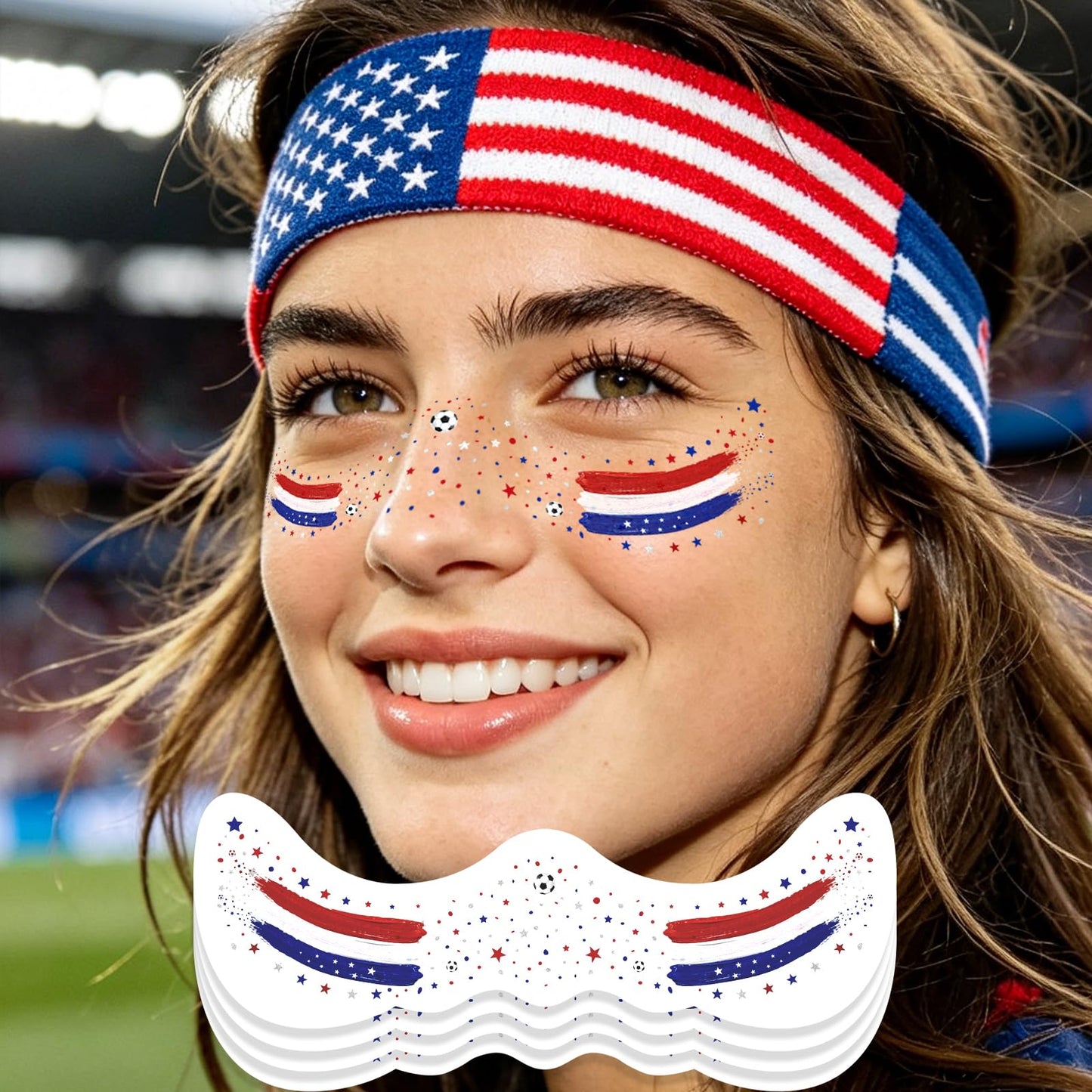VXZ Red White Blue USA Soccer Fan Freckles Face Tattoo - Tricolor Brushstroke Temporary Tattoos | Waterproof Sports Sparkle Stickers for Football Matches & Game Day Celebrations (8 Sheets)