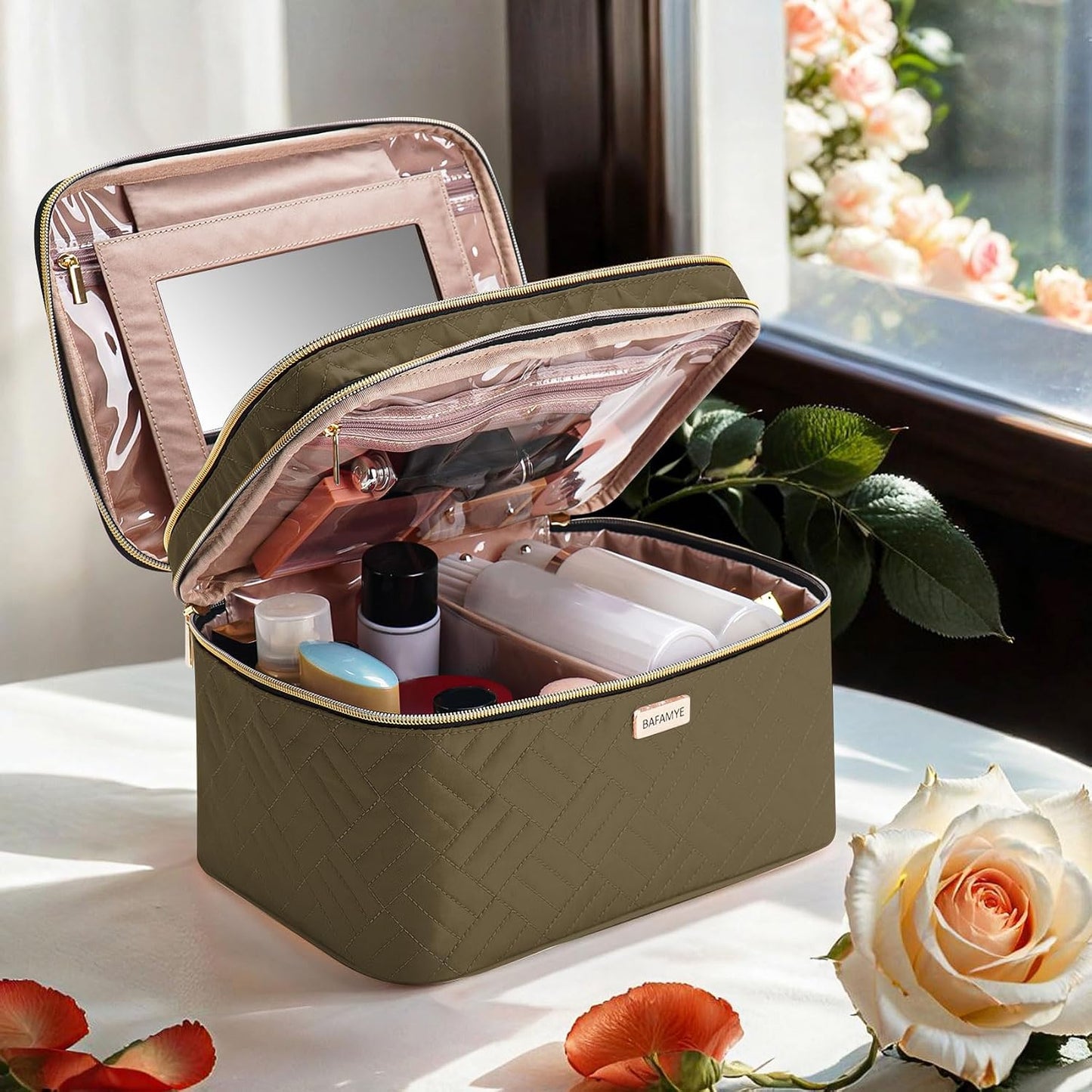 Double Layer Travel Makeup Bag With Mirror - 8.8L Large Cosmetic Organizer for Women | Brown