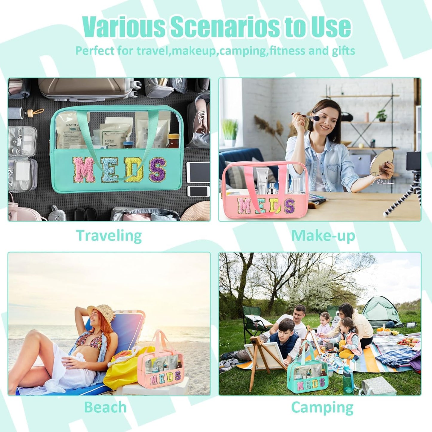 Chenille Letter Patch Clear Travel Bag - Waterproof PVC & Nylon Makeup Organizer | Large Capacity for Women & Girls