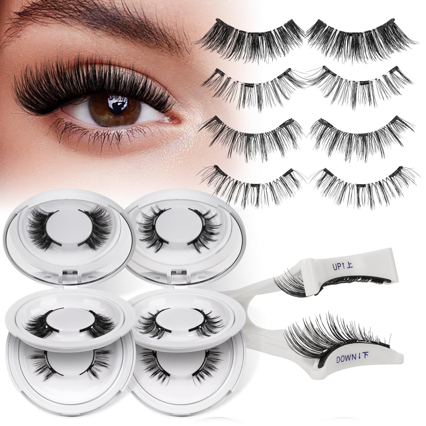 QUEWEL Magnetic Eyelashes 4 Pair Reusable Magnetic Eyelashes with Applicator No Glue Needed Eyelashes Natural Look Lash Clusters Kit Easy to Wear and Remove(4 Pairs-A09)