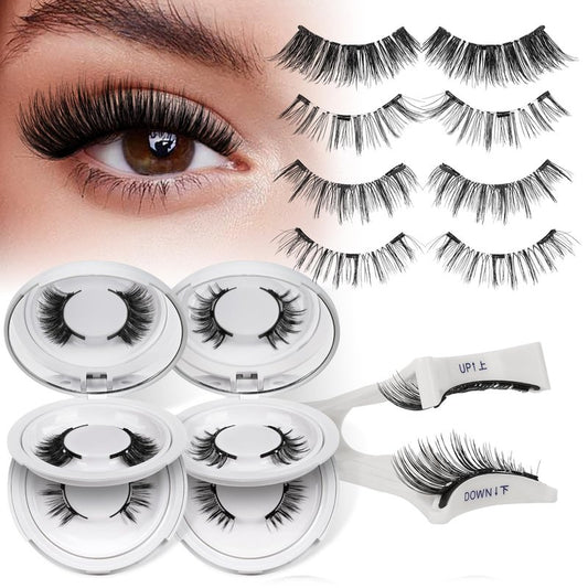 QUEWEL Magnetic Eyelashes 4 Pair Reusable Magnetic Eyelashes with Applicator No Glue Needed Eyelashes Natural Look Lash Clusters Kit Easy to Wear and Remove(4 Pairs-A09)