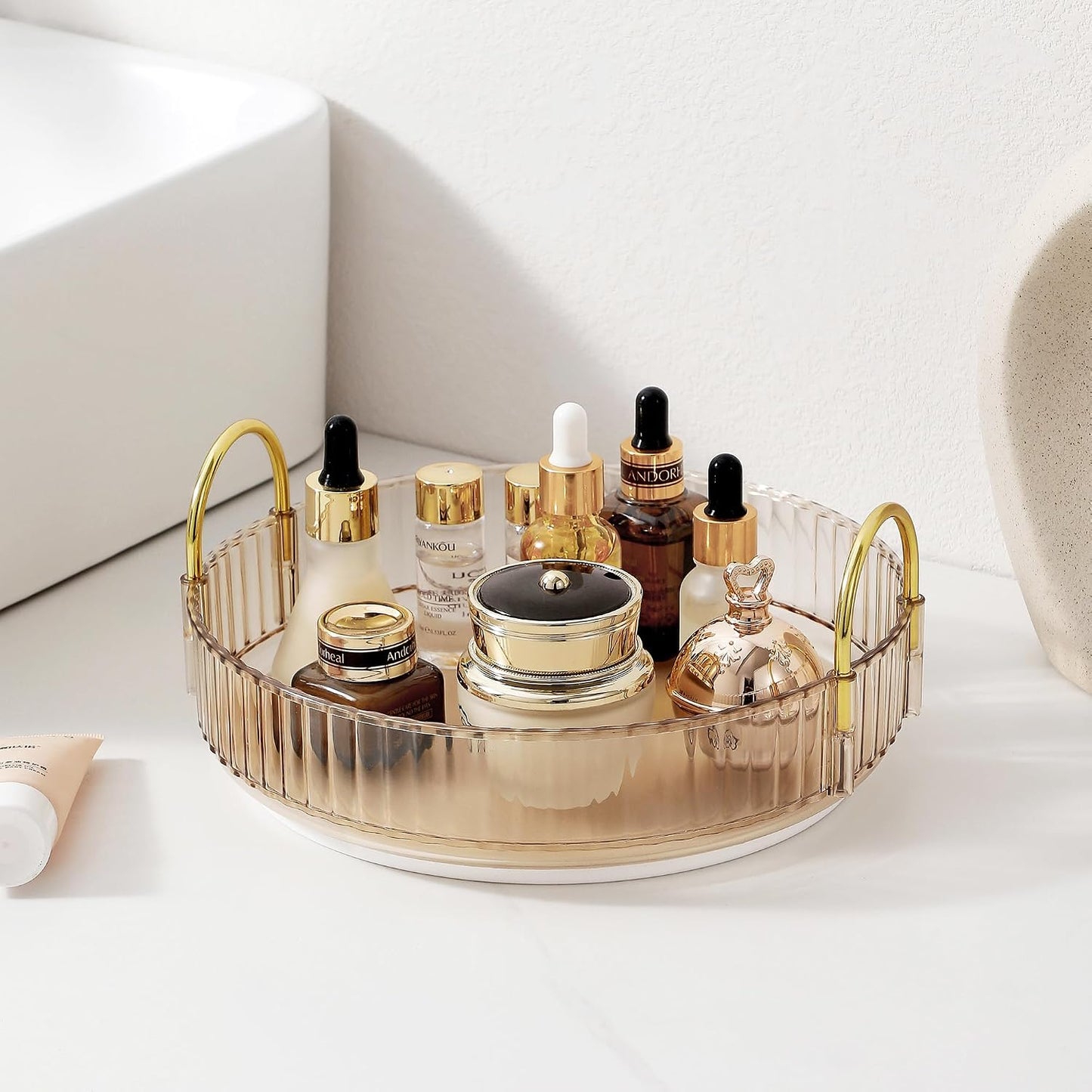 Rotating Makeup Organizer - 3 Tier Clear Cosmetic Holder for Vanity | Grey Perfume & Skincare Storage