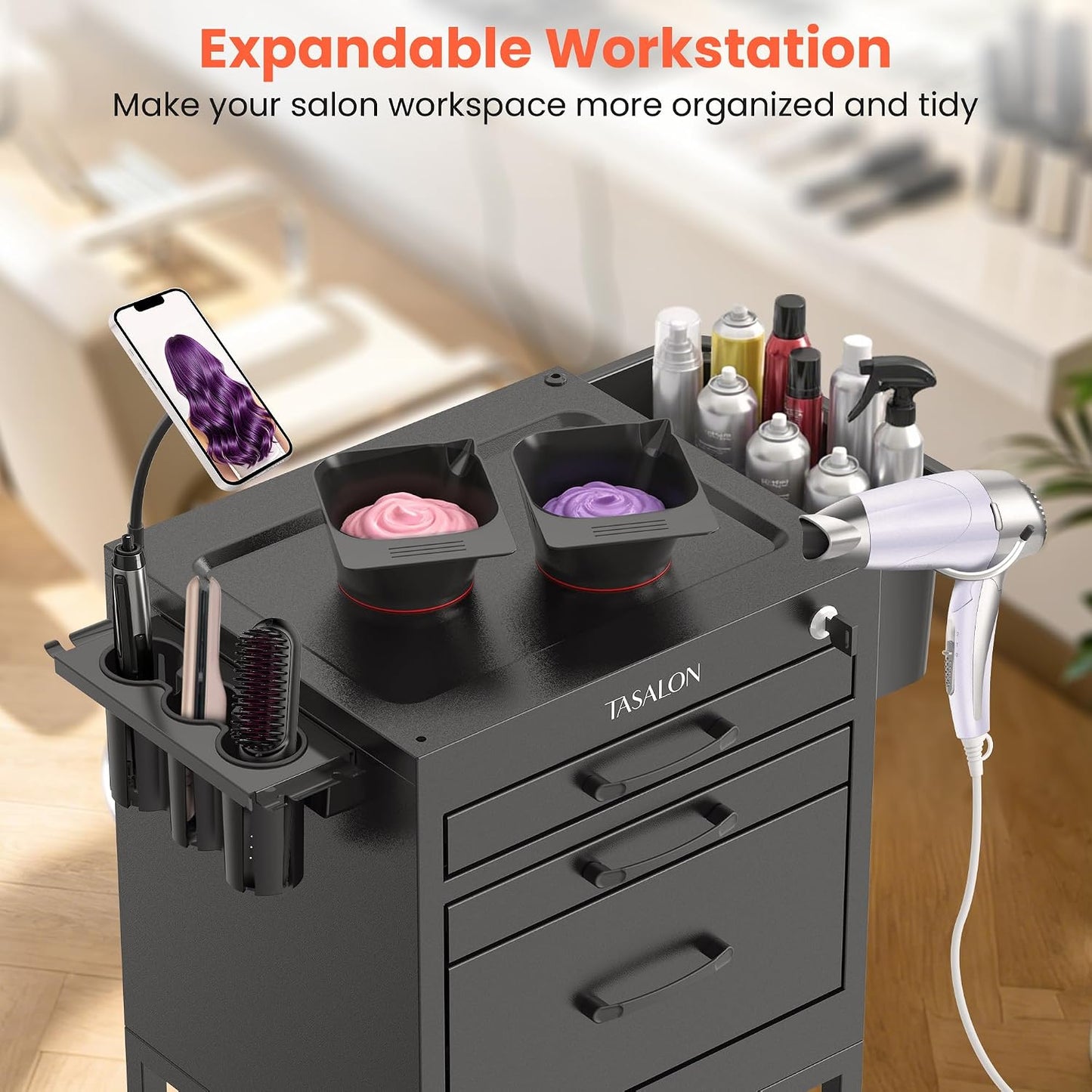 TASALON Salon Trolley Cart - Lockable Metal Rolling Organizer with Drawers & Phone Holder | Black