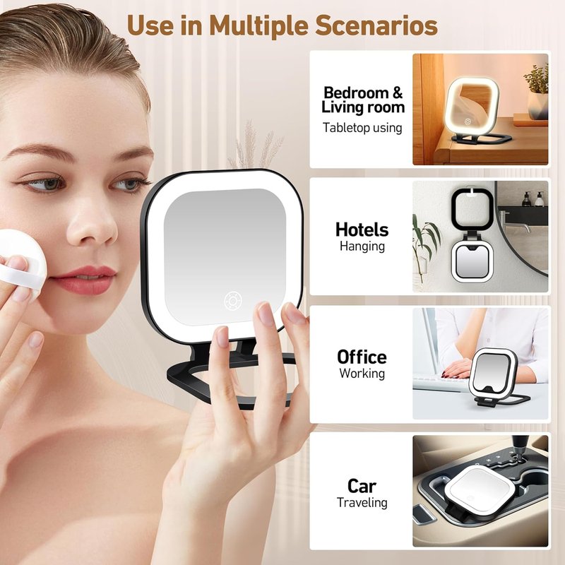 Travel Mirror with Light - 1x/30x Magnifying Compact Mirror with 3 Color Lights | 4.5x3.9 Inch, Adjustable Brightness, Includes Tweezer