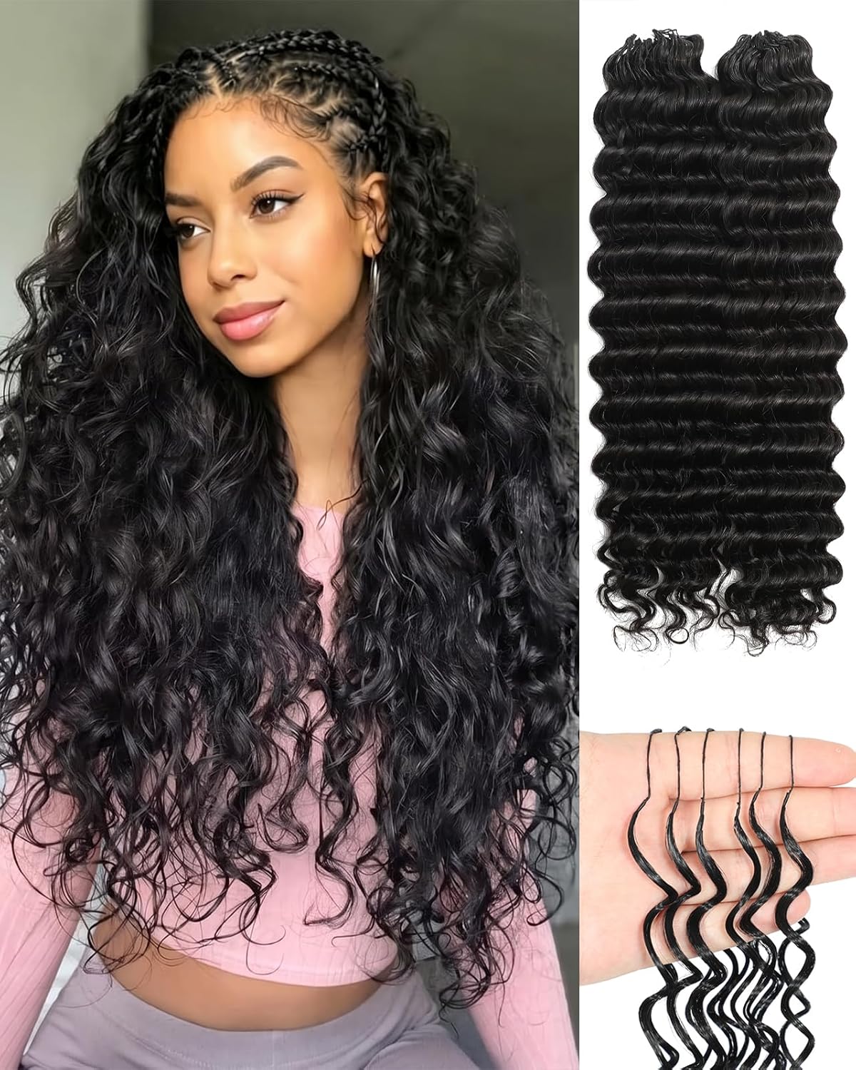 Deep Wave Crochet Hair Extensions - 18 Inch Lightweight Human Hair | 50 Strands Natural Black for Women