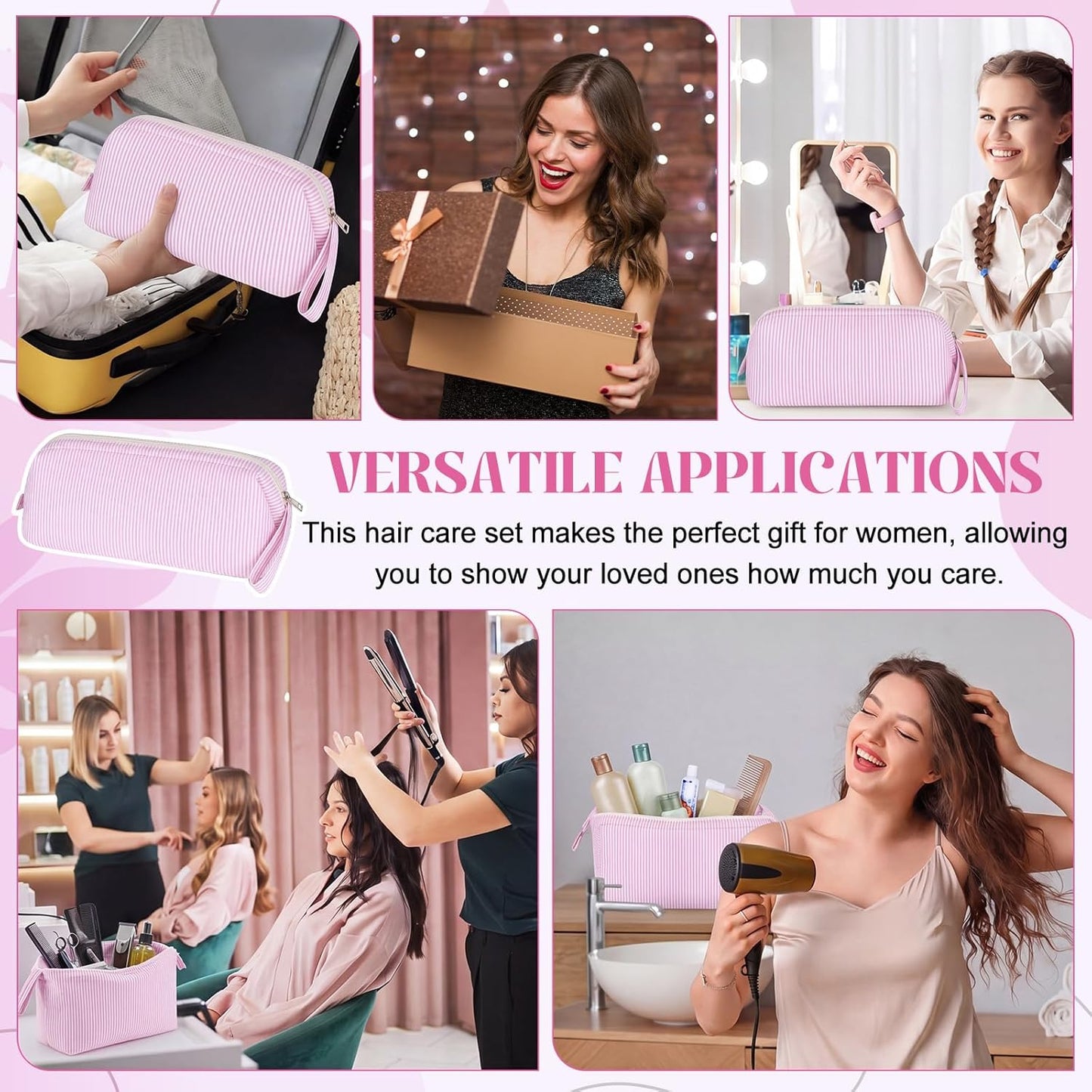 Hair Tools Travel Bag - Large Pink Striped Quilted Organizer for Hair Dryer & Styling Tools | Perfect for Travel