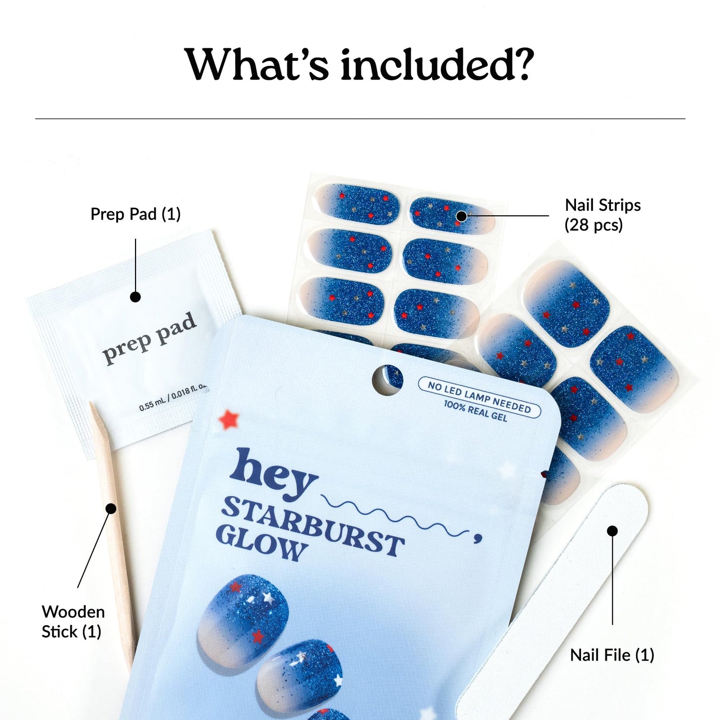 Heyhae Semi Cured Gel Nail Strips | No LED Lamp Needed |Blue, Ombre, Glitter | Easy Apply & Remove, Salon Quality | Includes 28 Strips, 2 Prep Pads, Nail File & Wooden Stick - Hey, Starburst Glow