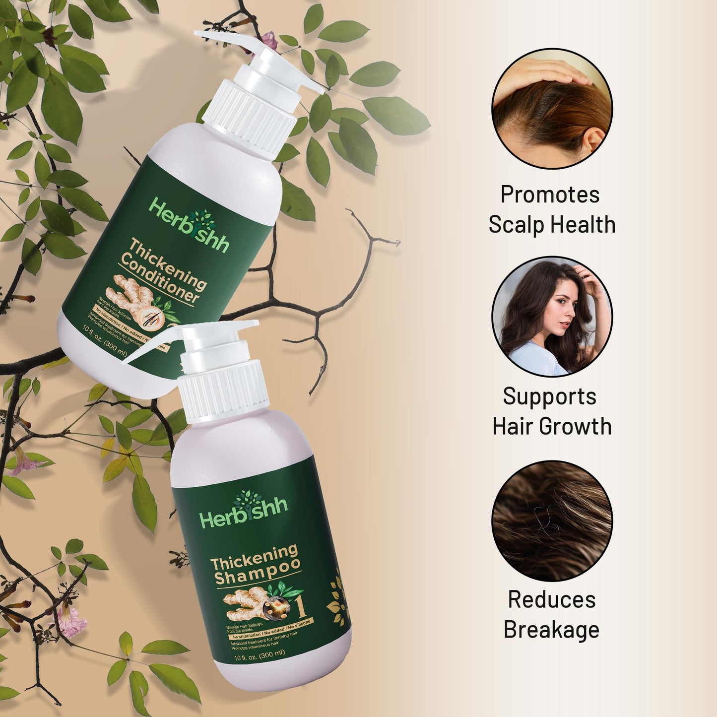 Herbishh Ginger Extract Thickening Shampoo and Hair Conditioner for Hair Thickening, Suitable for All Type Hair, Sulphates & Parabens Free 10fl. oz Pack of 2